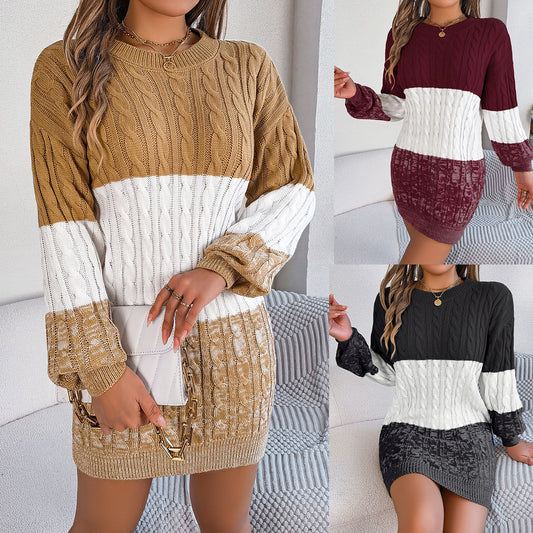 Casual color block twist lantern sleeve sweater dress