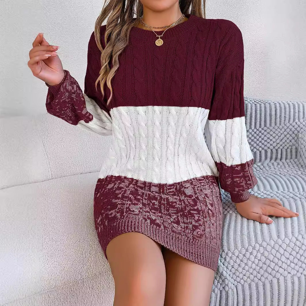 Casual color block twist lantern sleeve sweater dress